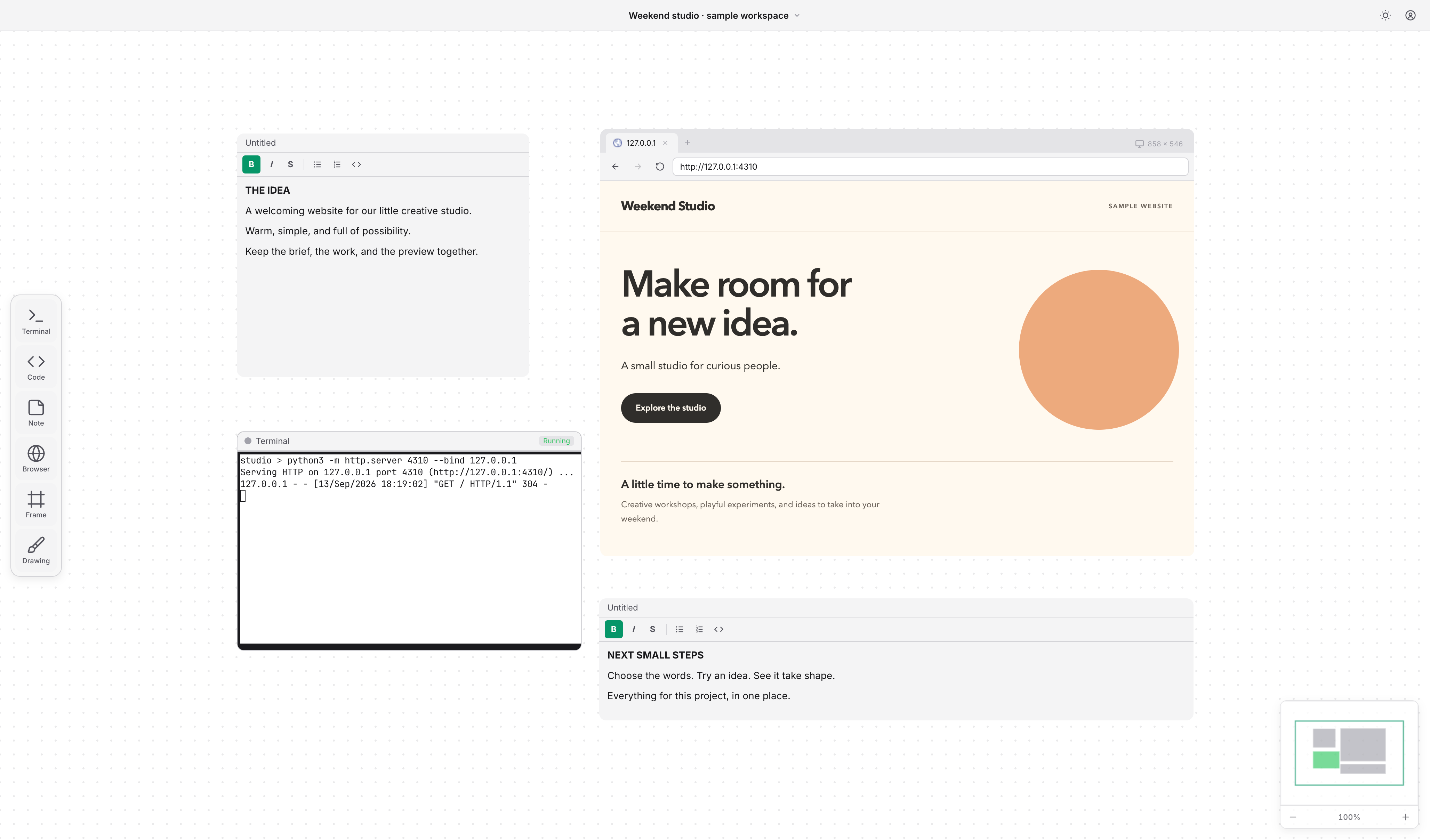 DNP's desktop canvas with an idea note, a terminal, a sample website in the browser, and next-step notes.