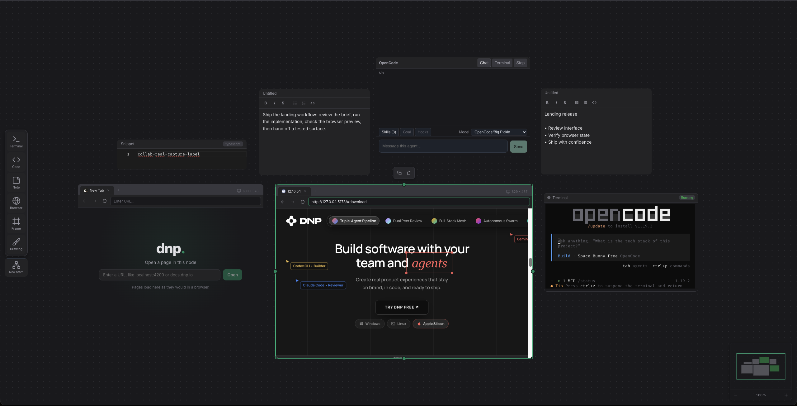 DNP workspace showing the landing download flow with a live browser preview